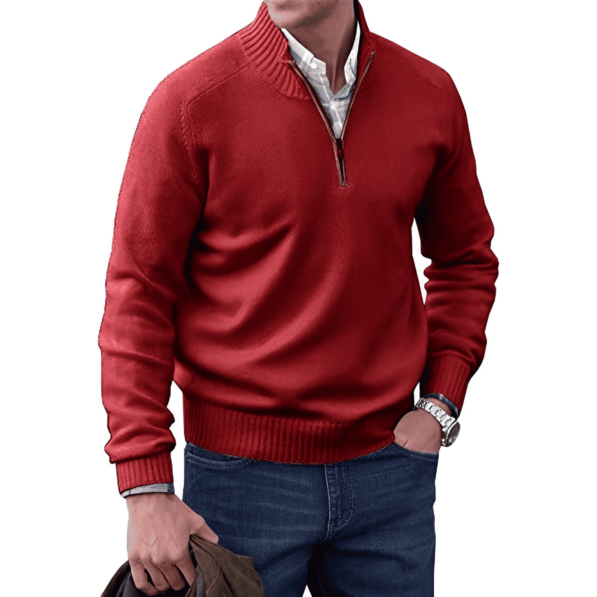 pull camionneur homme col zippé manches longues en rouge