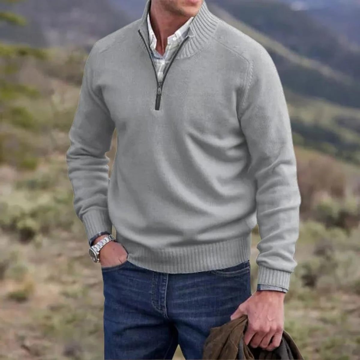 pull camionneur homme col zippé manches longues en gris clair