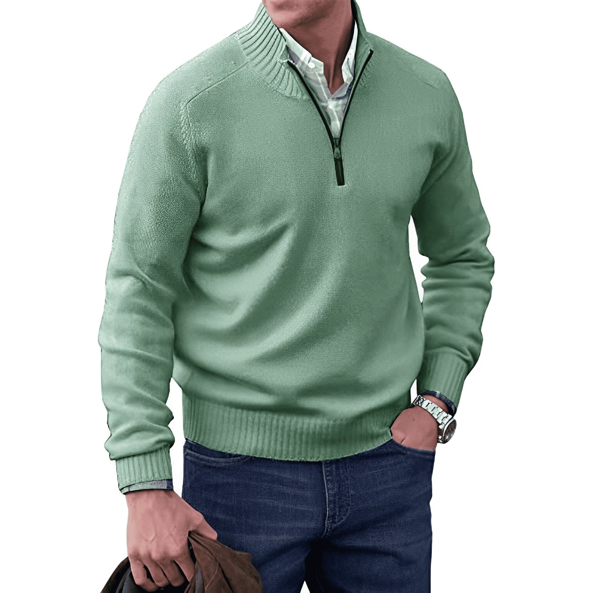 pull camionneur homme col zippé manches longues en vert