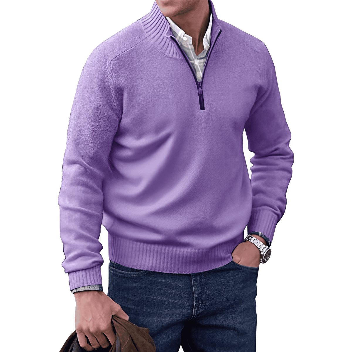 pull camionneur homme col zippé manches longues en mauve