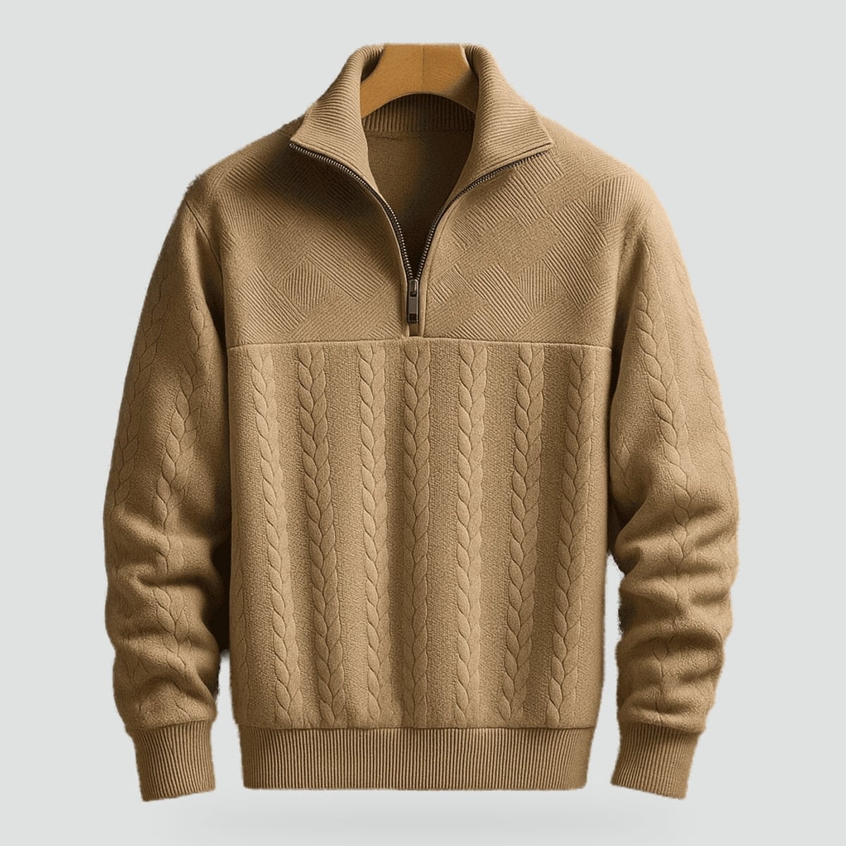 pull camionneur homme col zippé torsades en kaki