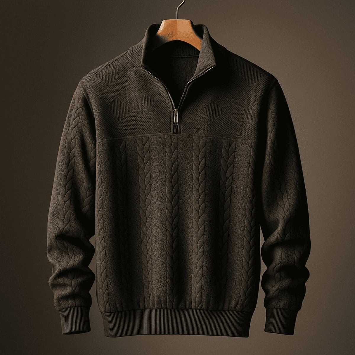 pull camionneur homme col zippé torsades en noir