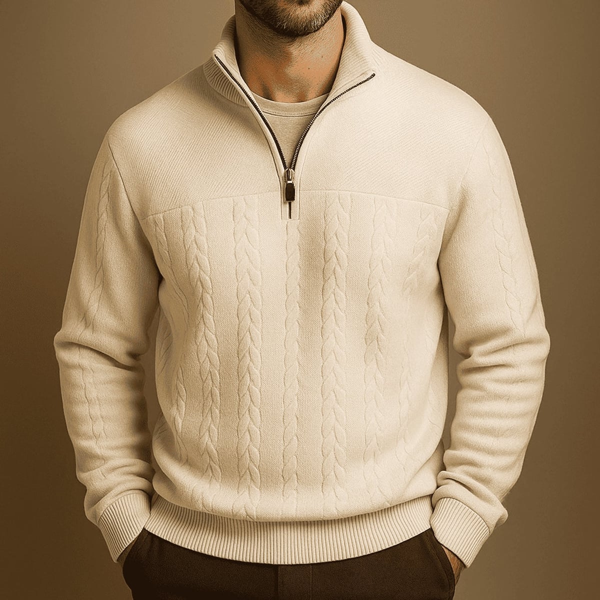 pull camionneur homme col zippé torsades en blanc