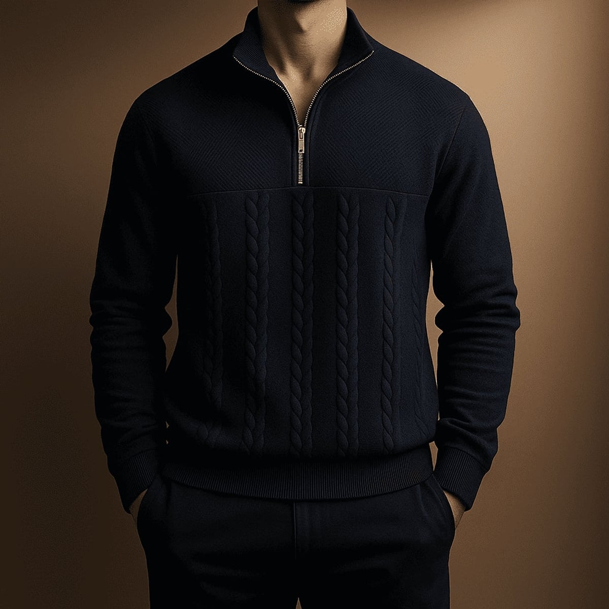 pull camionneur homme col zippé torsades en bleu marine
