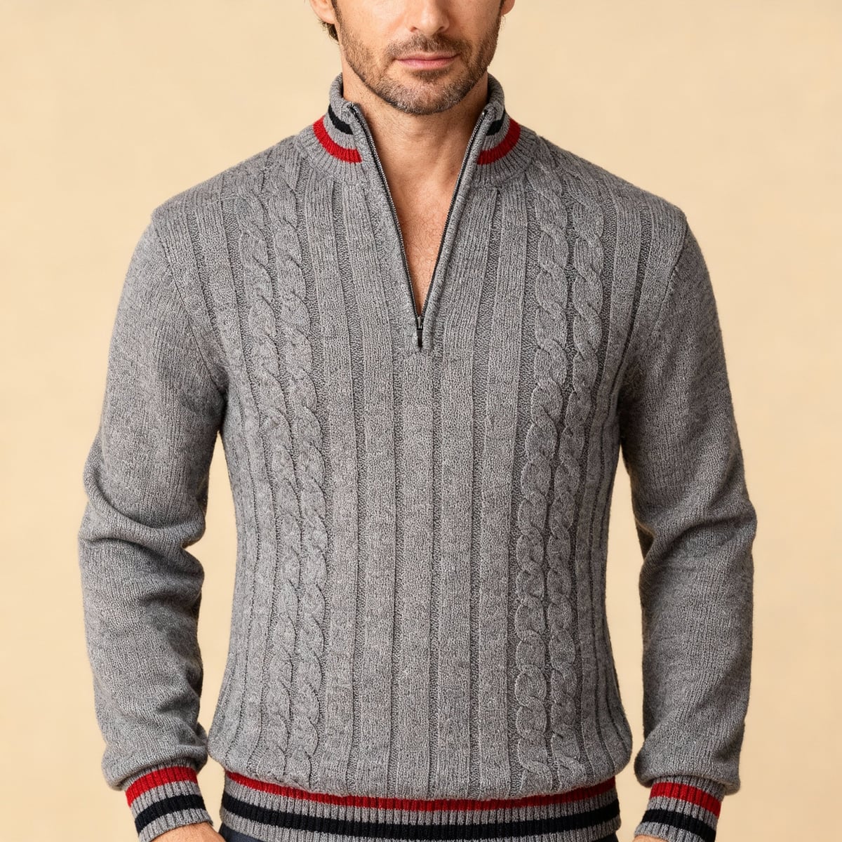 pull camionneur homme torsades col zippé en gris
