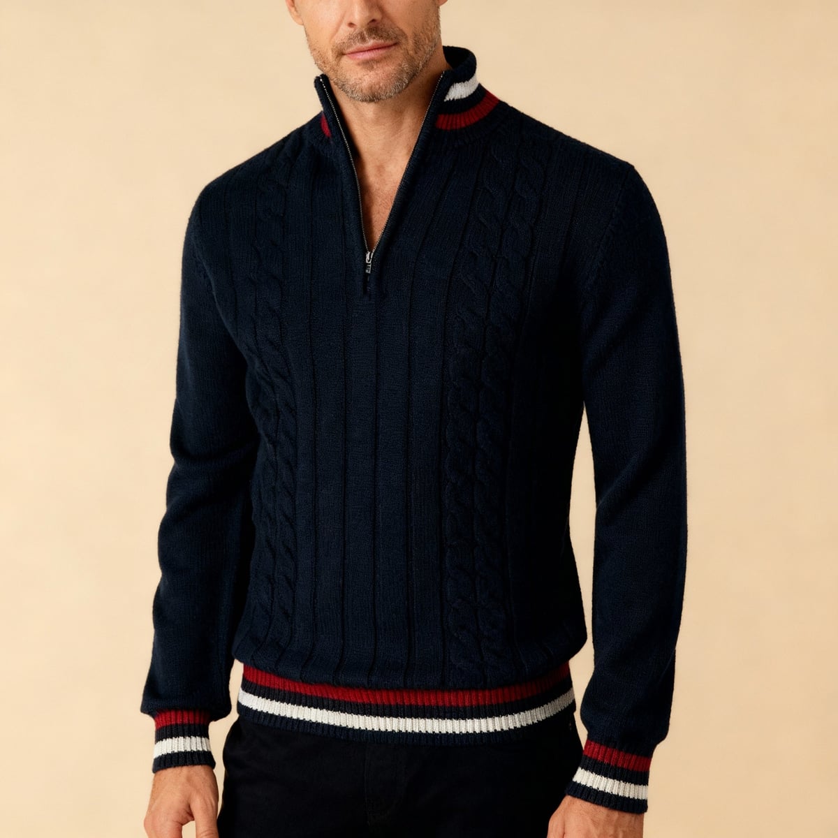 pull camionneur homme torsades col zippé en marine