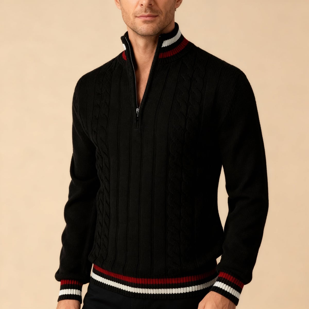 pull camionneur homme torsades col zippé en noir