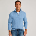 pull camionneur homme torsades demi-zip en bleu clair