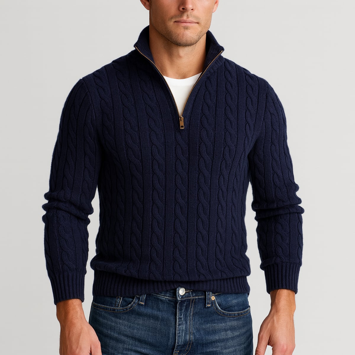 pull camionneur homme torsades demi-zip en bleu marine
