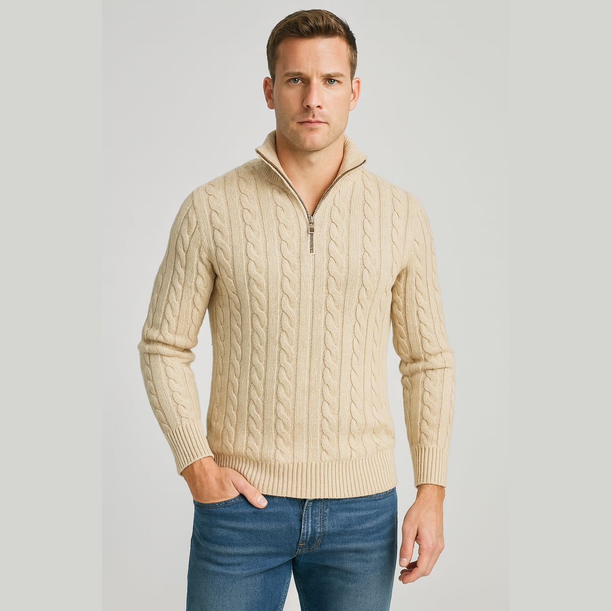 pull camionneur homme torsades demi-zip en beige