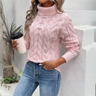 pull col roulé femme torsadé manches longues en rose