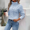 pull col roulé femme torsadé manches longues en bleu clair