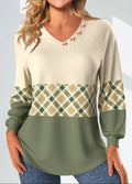 pull femme col en v carreaux manches longues en vert