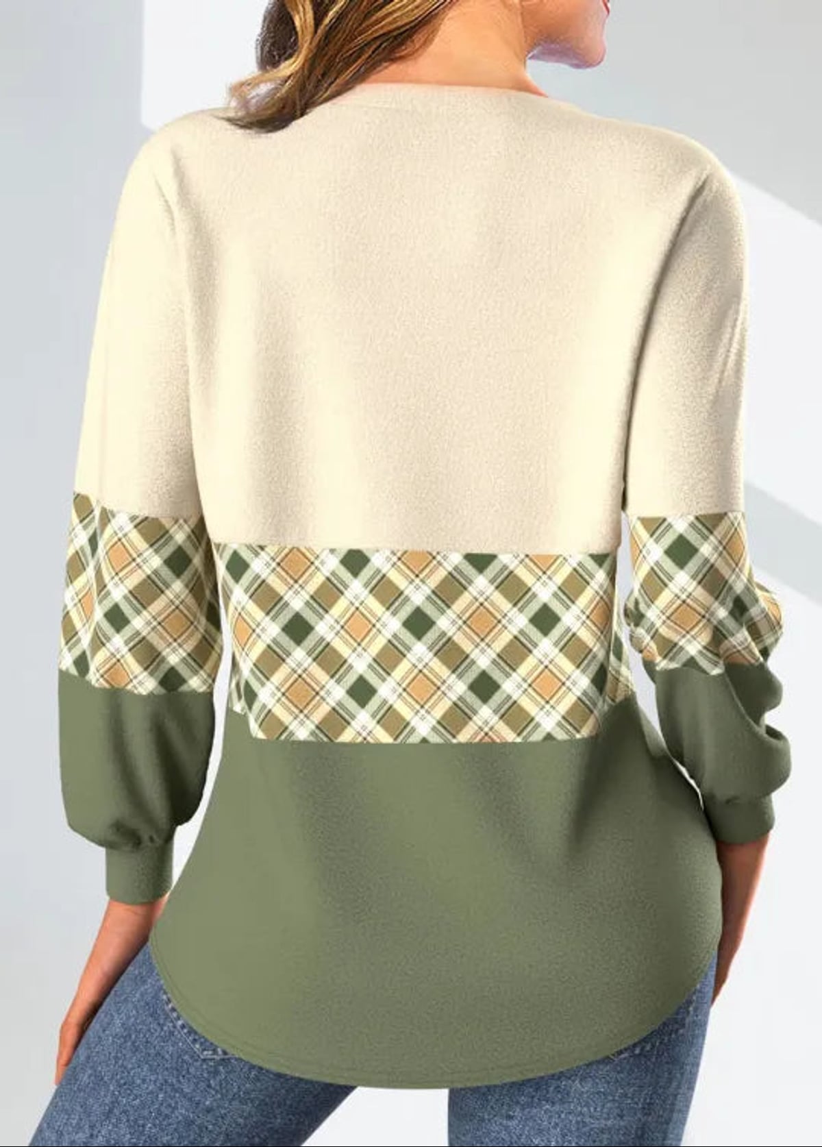 pull femme col en v carreaux manches longues
