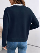 pull femme col en v dentelle manches longues en bleu