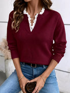 pull femme col en v dentelle manches longues en rouge