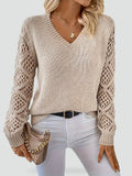 pull femme col en v manches ajourées en beige