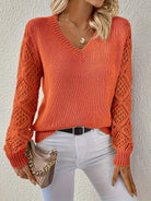 pull femme col en v manches ajourées en orange