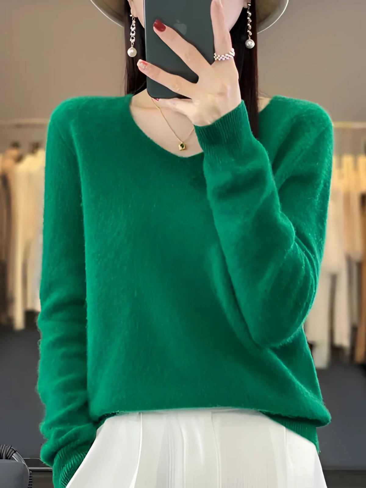 pull femme col en v manches longues en vert