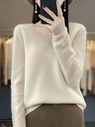pull femme col en v manches longues en beige