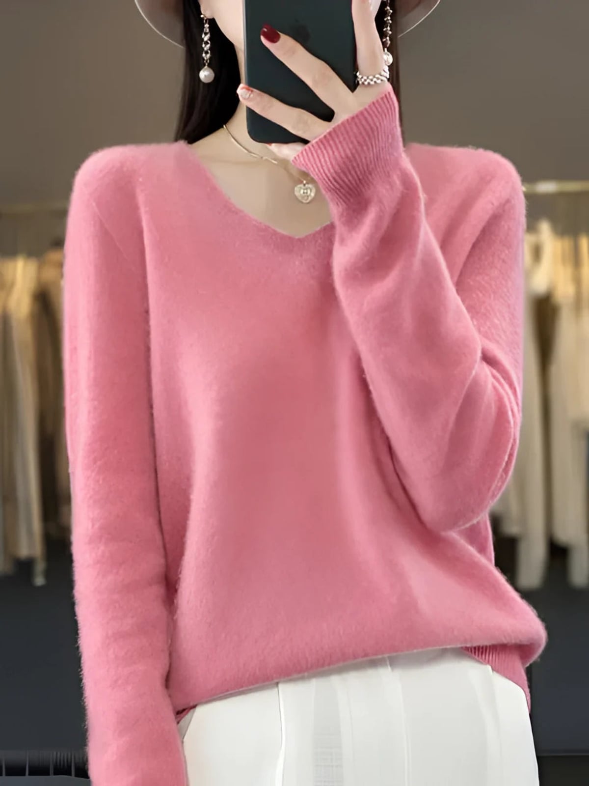 pull femme col en v manches longues en rose