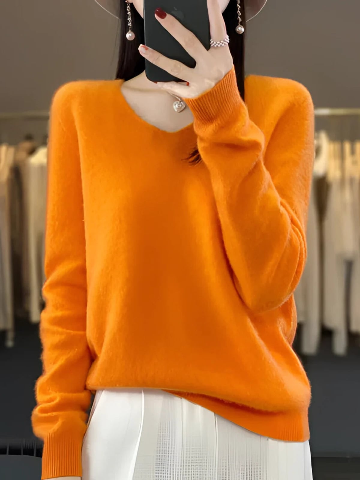 pull femme col en v manches longues en orange