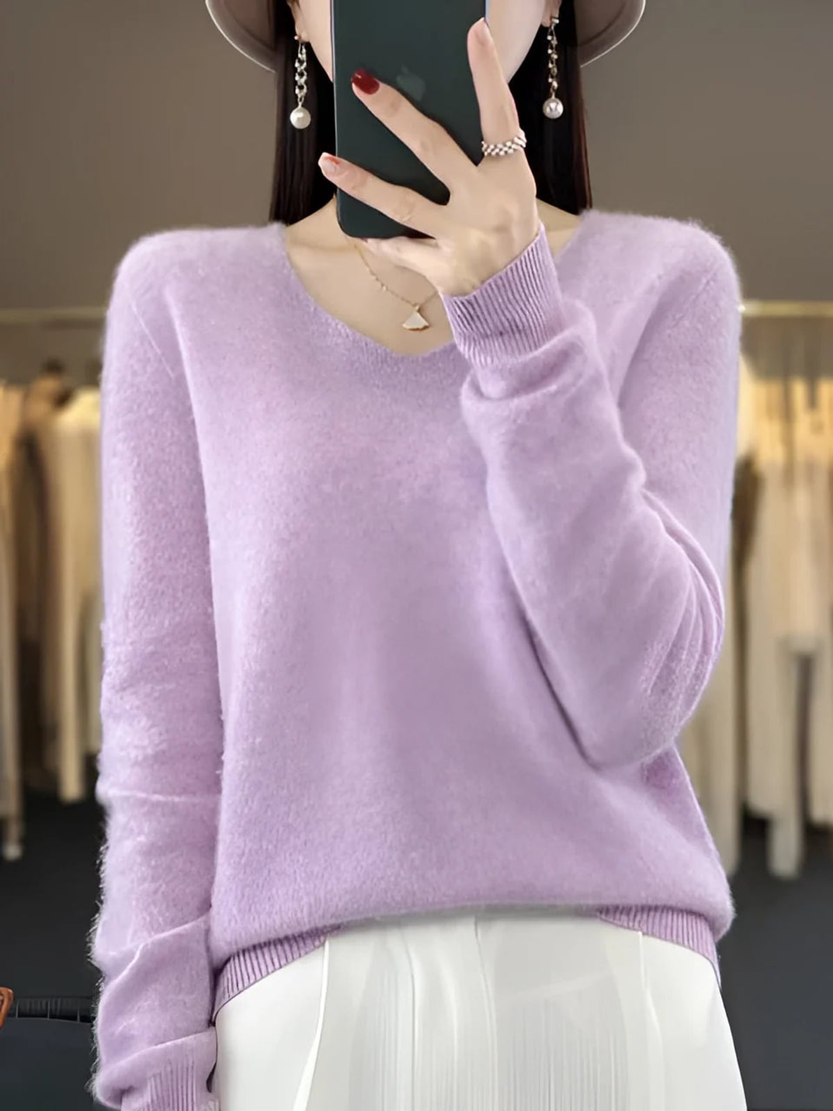 pull femme col en v manches longues en violet