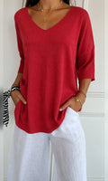 pull femme col en v manches trois-quarts oversize en rouge