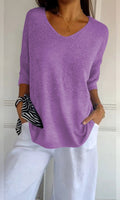 pull femme col en v manches trois-quarts oversize en violet