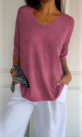 pull femme col en v manches trois-quarts oversize en rose