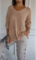 pull femme col en v manches trois-quarts oversize en abricot