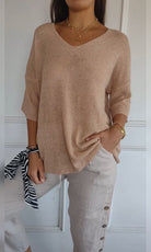 pull femme col en v manches trois-quarts oversize en abricot