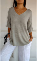 pull femme col en v manches trois-quarts oversize en gris