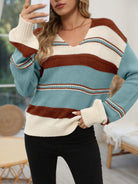pull femme col en v rayures oversize en brun rouge + blanc cassé + vert lac