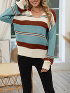 pull femme col en v rayures oversize en brun rouge + blanc cassé + vert lac