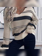 pull femme col en v rayures oversize en crème & marine