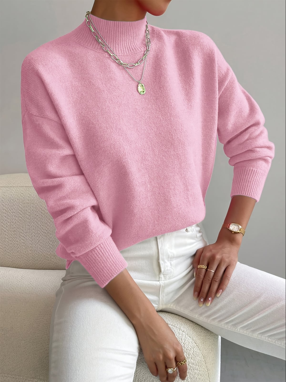 pull femme col montant manches longues rose