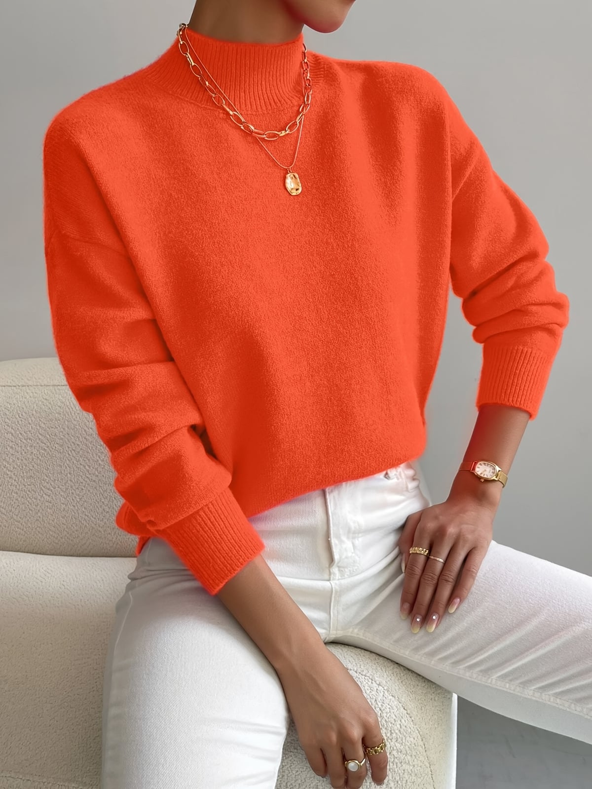 pull femme col montant manches longues orange