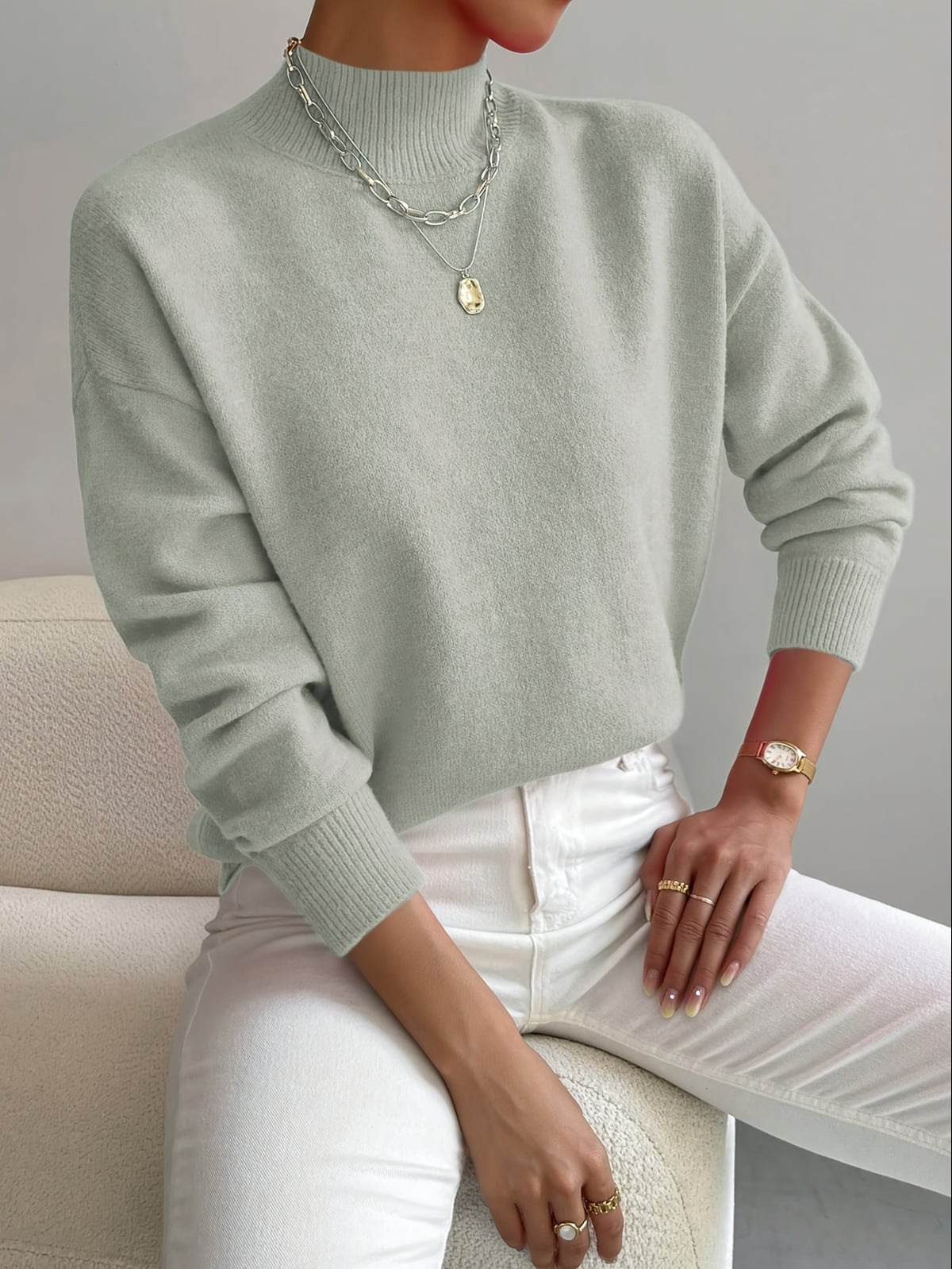 pull femme col montant manches longues gris