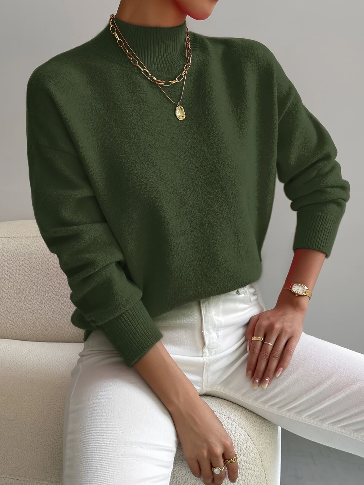 pull femme col montant manches longues vert