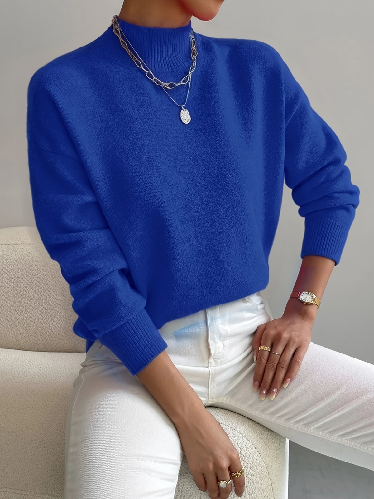 pull femme col montant manches longues bleu