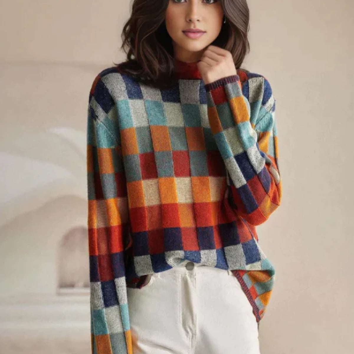 pull femme col montant motif carreaux