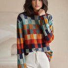 pull femme col montant motif carreaux