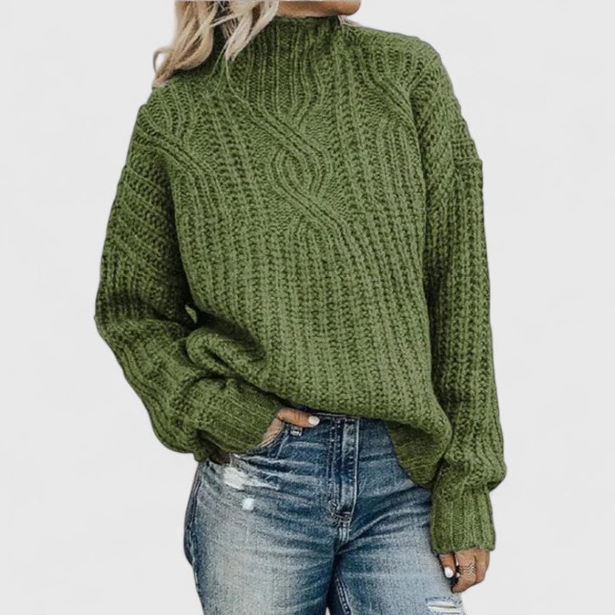 pull femme col montant torsadé oversize en vert