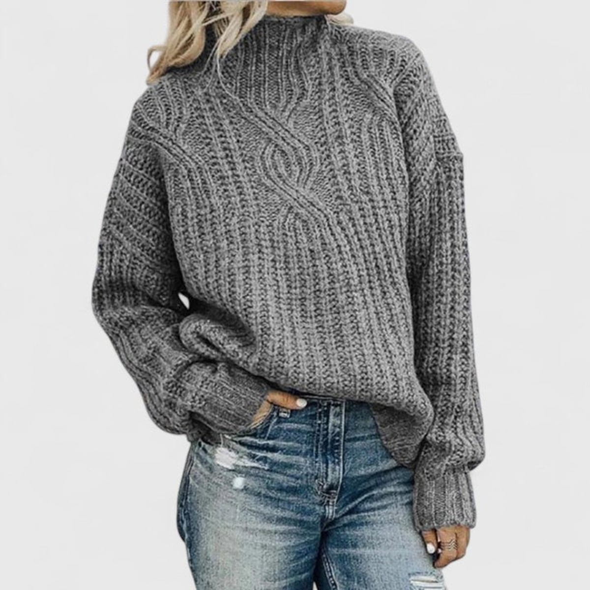 pull femme col montant torsadé oversize en gris