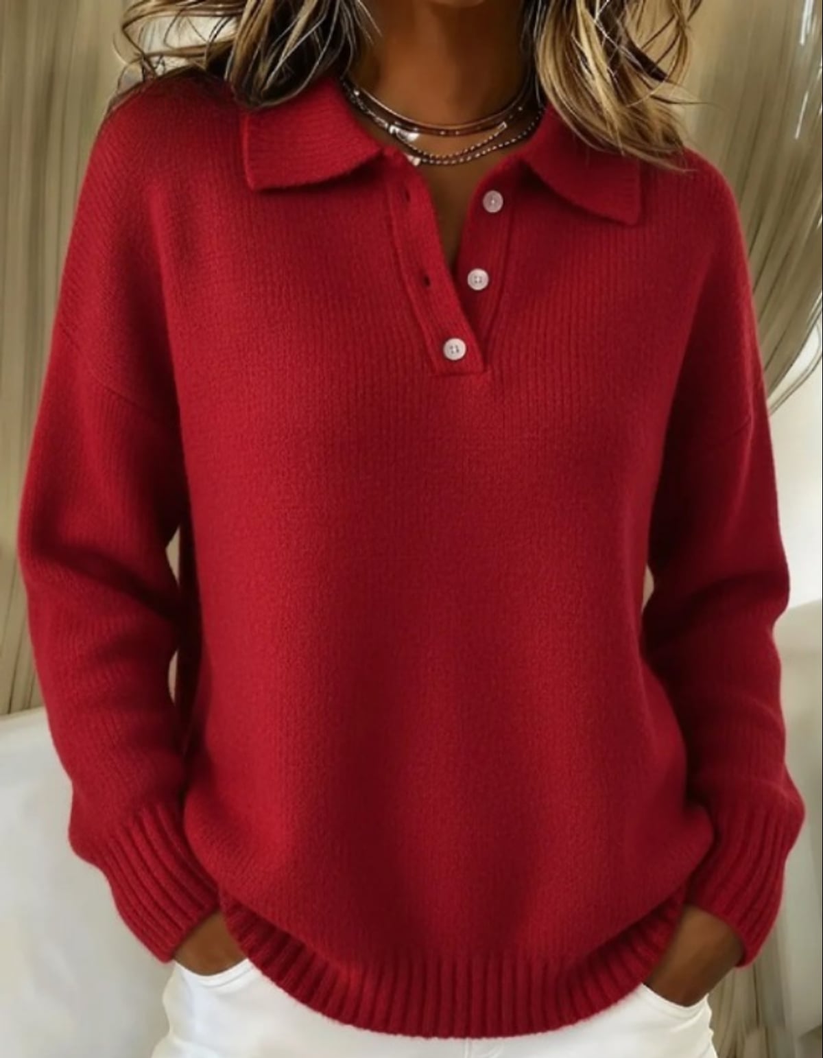 pull femme col polo manches longues en rouge