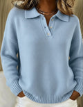 pull femme col polo manches longues casual en bleu