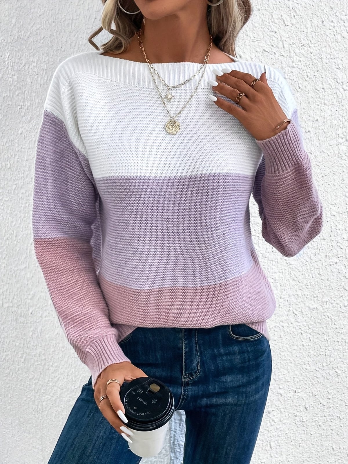 pull femme col rond color block