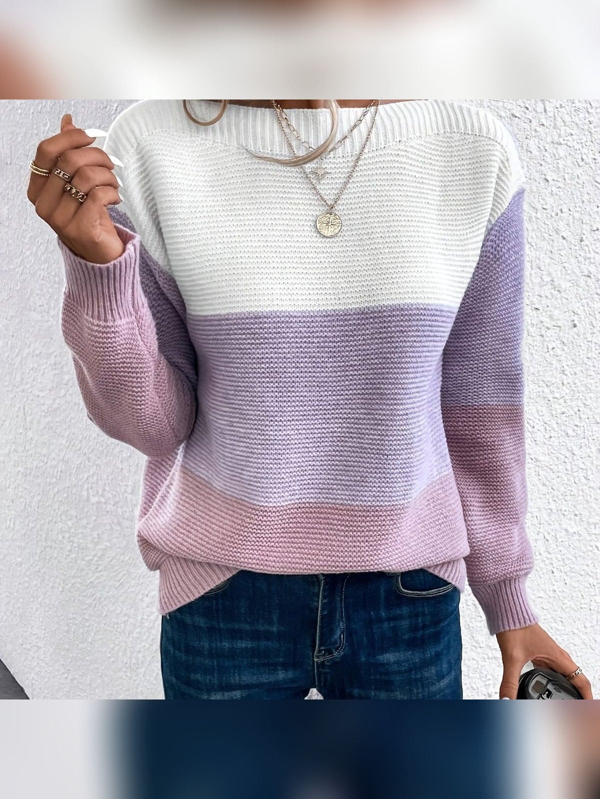 pull femme col rond color block en lilas clair