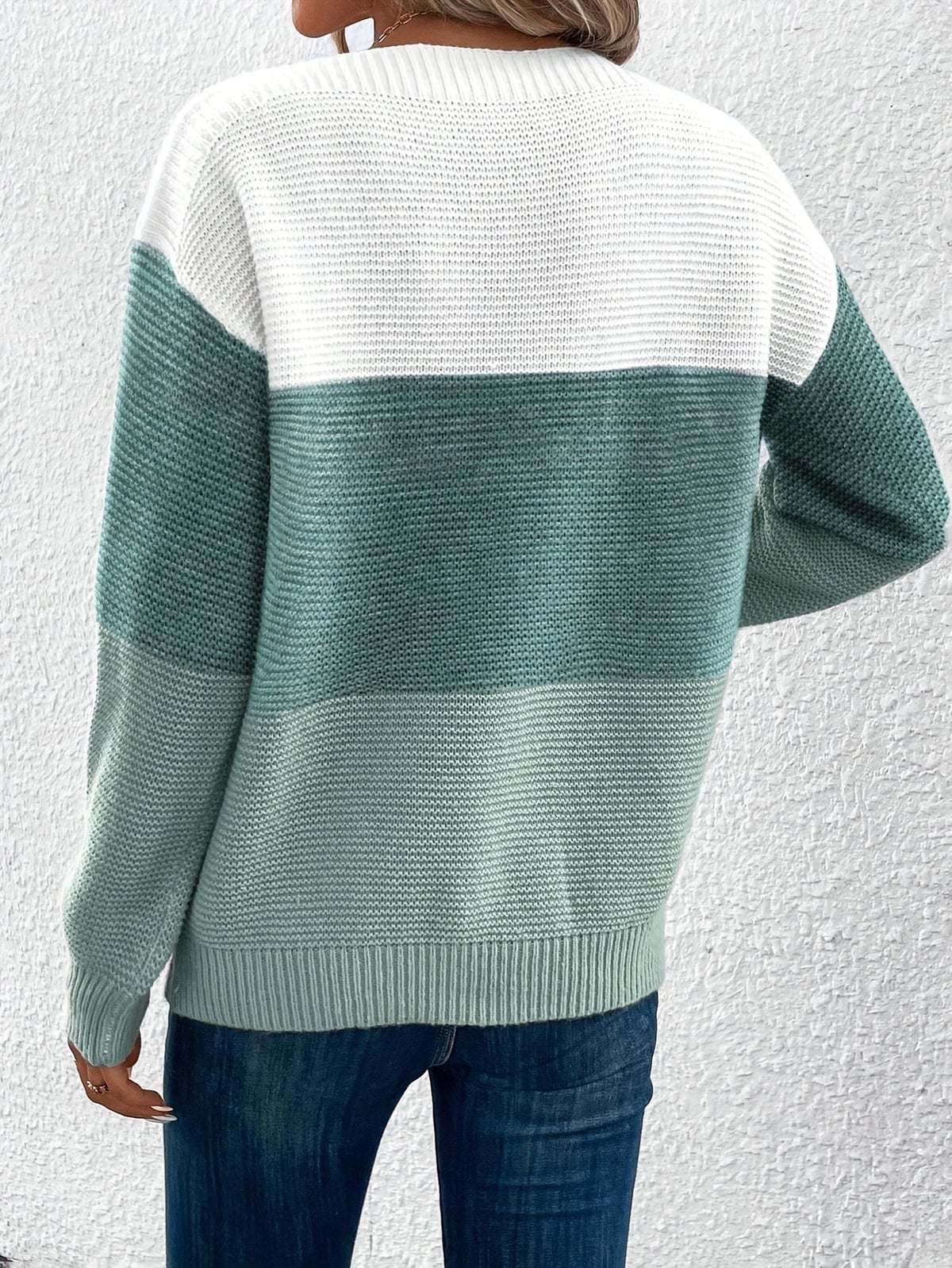 pull femme col rond color block en vert